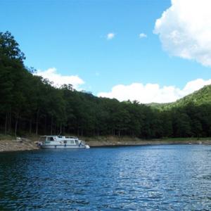 Big Boat Anchored on the shore of the Allegheny Reservoir